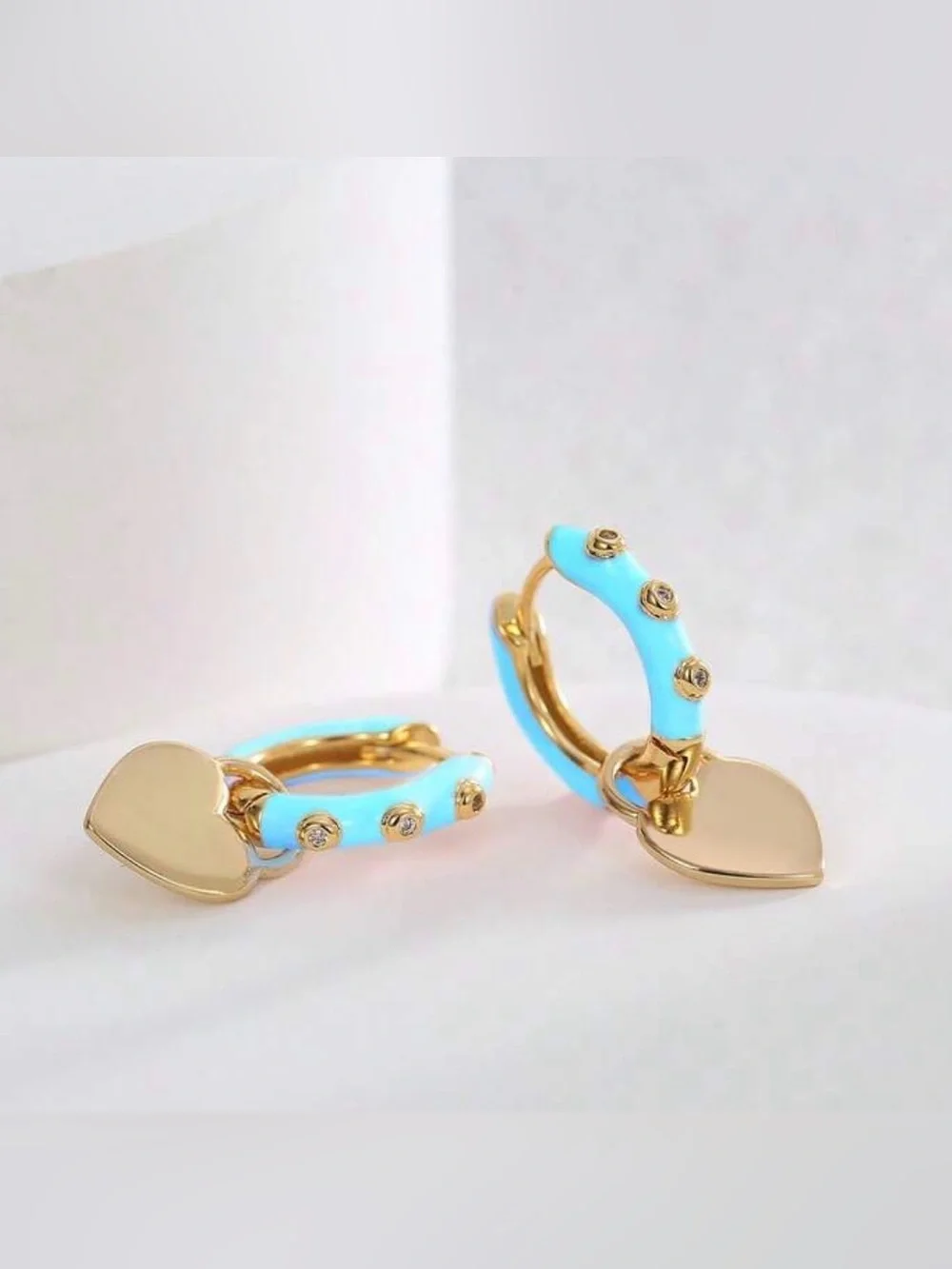 Western Gold Plated Heart Drop Hoop Earrings with Turquoise Enamel and Crystals